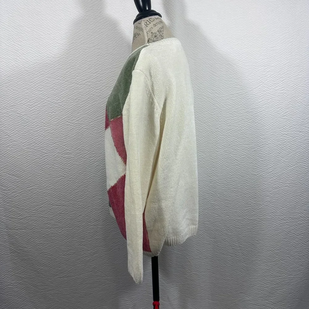 Alfred Dunner vintage argyle sweater Chenille Super Soft Colorblock Embellished - Picture 3 of 7